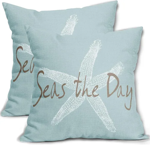 Miniatura 10 de Sweetshow Juego de 2 fundas de almohada cuadradas de lino con estrellas de mar negras de 16 x 16 pulgadas, decoración náutica costera de playa