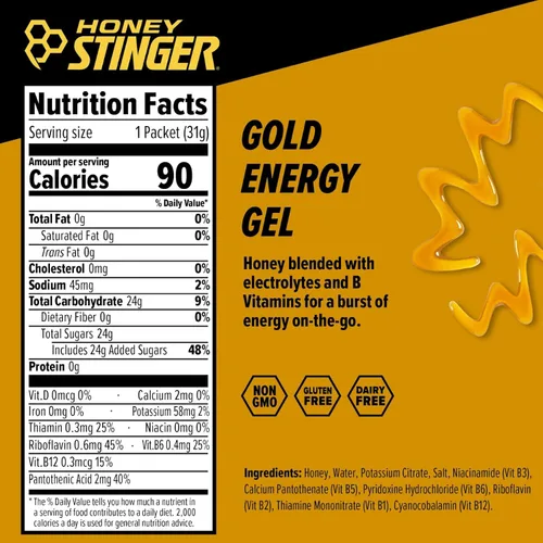 Miniatura 3 de Honey Stinger Gold Energy Gel, sin gluten y sin cafeína, para ejercicio, correr y rendimiento, nutrición deportiva para el hogar y el gimnasio, pre