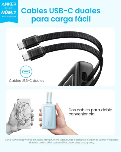 Miniatura 2 de Anker Zolo - Banco de energía (versión actualizada 2025), carga rápida máxima de 45 W, batería de 20,000 mAh, cables USB-C integrados duales, puerto