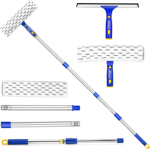 Kit de lavado de ventanas giratorio ITTAR, escobilla limpiadora de ventanas con barra de extensión de 152 cm, escobilla de goma y combo de 2