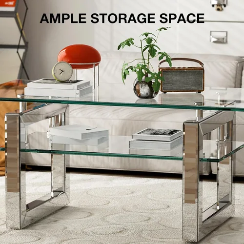 Miniatura 7 de IKIFLY Mesa de centro de cristal con tablas de vidrio de 2 niveles y patas de metal resistentes, mesa auxiliar rectangular de vidrio transparente