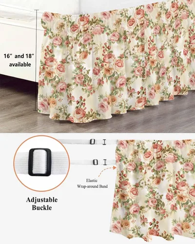 Miniatura 2 de Falda de cama clásica de flores, tamaño California King, caída de 18 pulgadas, ajustable y elástica, faldas de cama plisadas de lujo con volantes