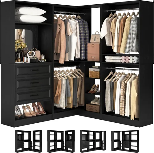 Unikito Sistema de armario con cajones, sistema modular de organizador de armario de esquina de 86 pulgadas con espejo, organizador de armario de