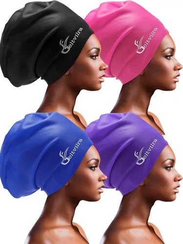 Miniatura 8 de Paquete de 4 gorros de natación de silicona extra grandes para trenzas y rastas, negro, para mujeres y hombres, pelo largo, para piscina, impermeable