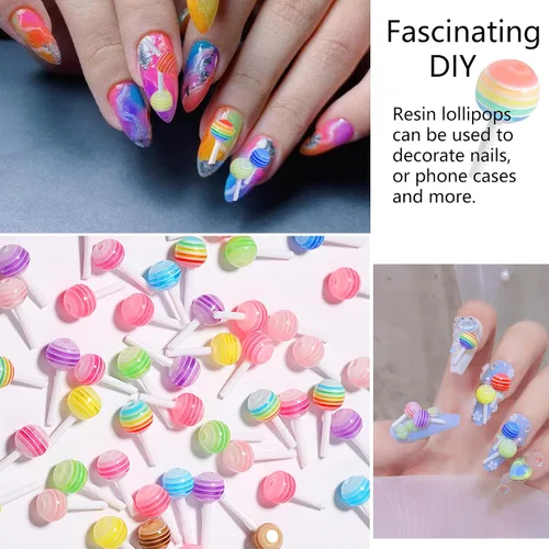 Miniatura 5 de 50 dijes de uñas de piruleta 3D de arcoíris, accesorios de uñas de caramelo de macarrón de resina para arte de uñas, bricolaje y decoración