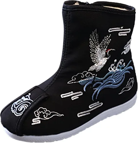 1-12T Botas de tacón alto para niños, zapatos de tela bordados, zapatos Hanfu para niños, botas de año chino, zapatillas para niñas