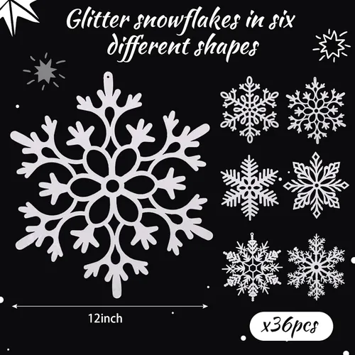 Miniatura 2 de Sratte Paquete de 36 adornos de copos de nieve grandes con purpurina de 12 pulgadas, decoración gigante de plástico para colgar en invierno, Blanco