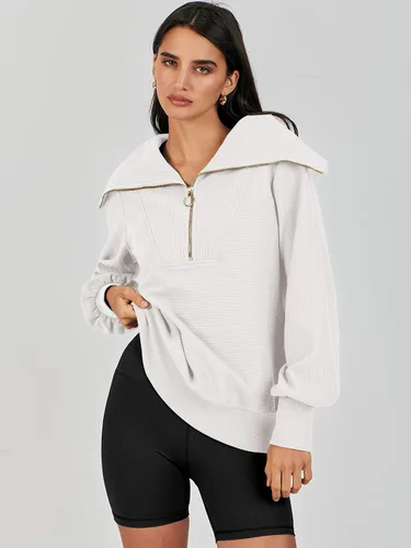Miniatura 2 de ANRABESS Sudadera de manga larga con cremallera de un cuarto para mujer, sudadera de manga larga con media cremallera, moda 2024
