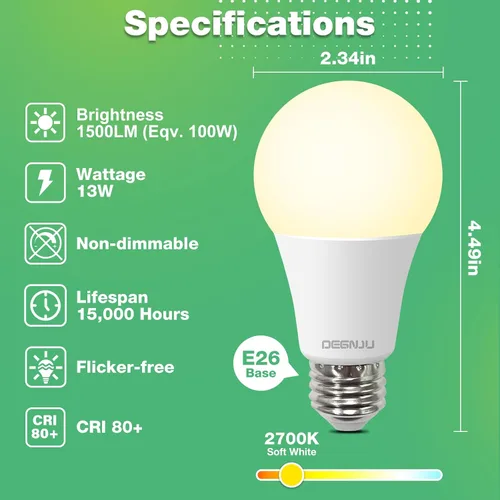 Miniatura 2 de DEGNJU - Bombillas LED A19 13 W, equivalente a 100 W, 2700 K, luz blanca suave, 1500 lúmenes, base E26, no regulable, 13 W de luz blanca brillante