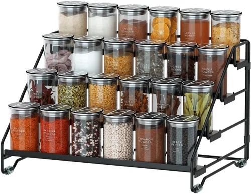 Jolitac Organizador de especias de 4 niveles, estante ajustable de profundidad, estante de especias de metal, perfecto para almacenamiento de