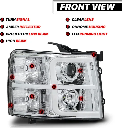 Miniatura 3 de M-AUTO Conjunto de faros proyector cromado con 2 pares de bombillas LED de 6000K preensambladas compatibles con Chevy Silverado 1500 07-13