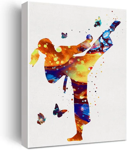 Arte de pared de Karate Girl en acuarela para mujer, lienzo de karate para decoración de pared del hogar, obras de arte enmarcadas, regalos de Color