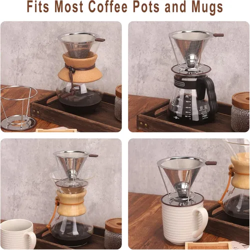 Miniatura 6 de Gotero de café, Filtro de acero inoxidable MISETTO, fácil de limpiar, cafetera sin papel, filtro reutilizable, gotero cónico con taza extraíble