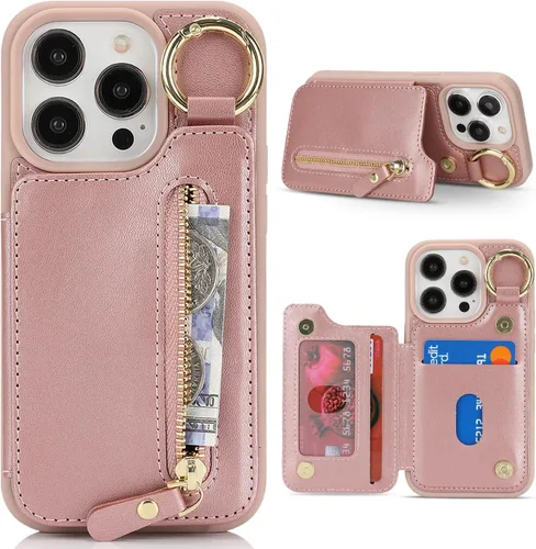 Miniatura 9 de Havaya Funda para iPhone 13 Pro con tarjetero y llavero, soporte de cuero, a prueba de golpes, con ranuras para tarjetas de crédito, cremallera