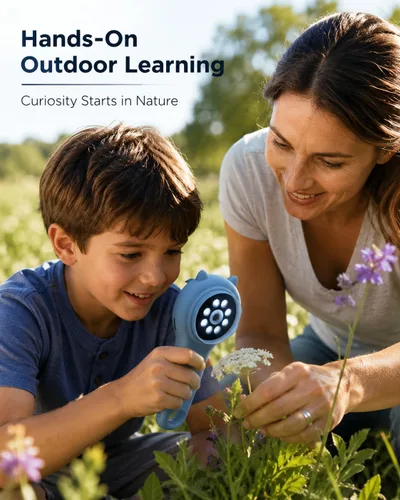 Miniatura 5 de Microscopio de exploración al aire libre para niños, microscopio digital portátil 500X con pantalla IPS de 2 pulgadas, juguete STEM de viaje de Azul