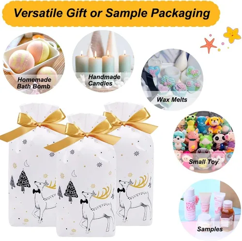 Miniatura 7 de HRX Package 50 bolsas de regalo de Navidad, 5.8 x 9 x 2.4 pulgadas, con cordón, bolsas de dulces, bolsas de regalo de fiesta para galletas Blanco