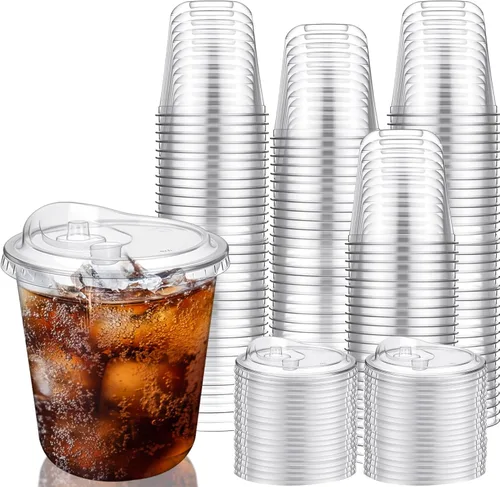 LemonRoad Paquete de 200 vasos de plástico transparente de 12 onzas con tapa para sorber sin pajilla, taza de café helado de plástico desechable con