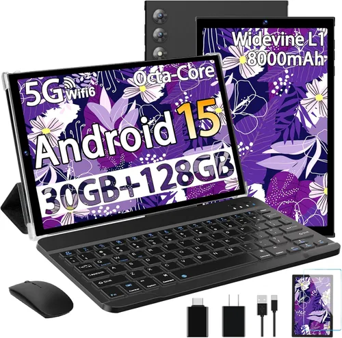 Tableta Android 15 2026 de 10.1 pulgadas, 30 GB de RAM, 128 GB ROM 1 TB expandir, batería de 8000 mAh, BT5.0, Wi-Fi 6 2.4/5G, cuerpo de metal con