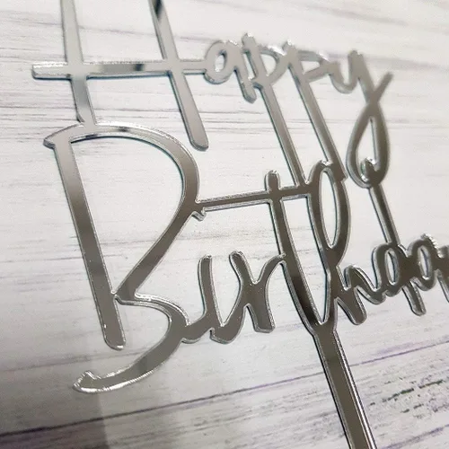 Miniatura 2 de Decoración de pastel de feliz cumpleaños para decoraciones de fiesta de cumpleaños (acrílico plateado espejo)