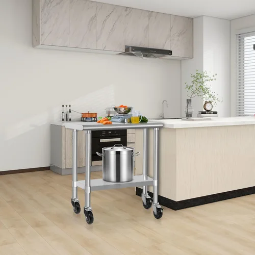 Miniatura 2 de HARDURA Mesa comercial de acero inoxidable para preparación y trabajo con ruedas, mesa de metal resistente con ruedas, NSF 430, 14 x 30 pulgadas