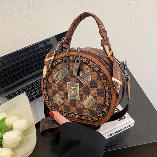 Miniatura 6 de Bolso vintage para mujer, bolso cruzado redondo con un hombro, bolso circular de gran capacidad, bolso diario para mujeres y niñas (marrón)