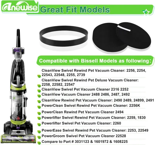 Miniatura 2 de Anewise Filtro y correa de repuesto para Bissell 2258 2492 2252 2254 2489 2486 2260 para aspiradora giratoria Cleanview Powerlifter Rewind