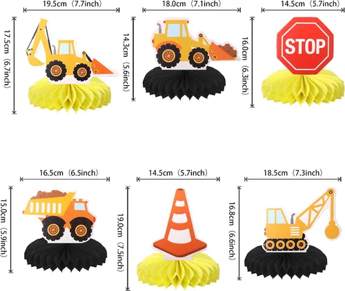 Miniatura 2 de 6 piezas de construcción de panal de abeja, centro de mesa, letrero de parada, camión volquete, excavadora, tractor, centros de mesa para tema