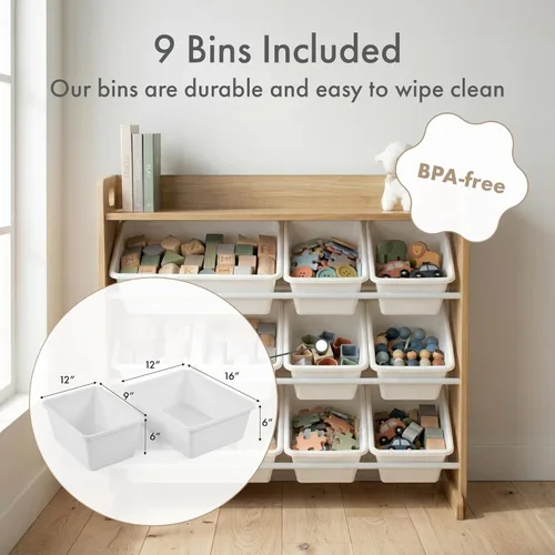 Miniatura 4 de Humble Crew Organizador de almacenamiento de juguetes con estante superior y 9 contenedores extraíbles, natural/blanco, estantería para niños Madera