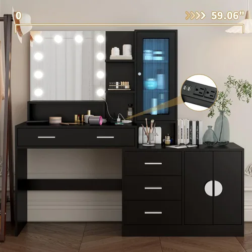 Miniatura 6 de Escritorio de maquillaje con espejo y luz, espejo de tocador con estación de carga para dormitorio, mesa de maquillaje con estantes