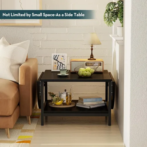 Miniatura 7 de SAYGOER - Mesa de café negra moderna con extensión y almacenamiento para sala de estar, mesa central única de 2 niveles con dos paneles plegables