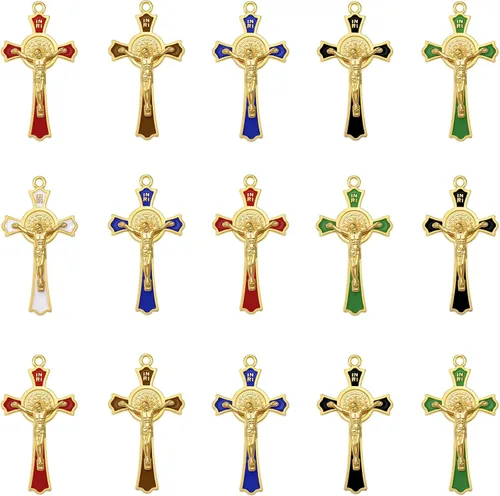 12 dijes de cruz de diamantes de imitación de cristal de 6 colores, esmalte de aleación, medalla de San Benito, colgantes de crucifijo INRI para