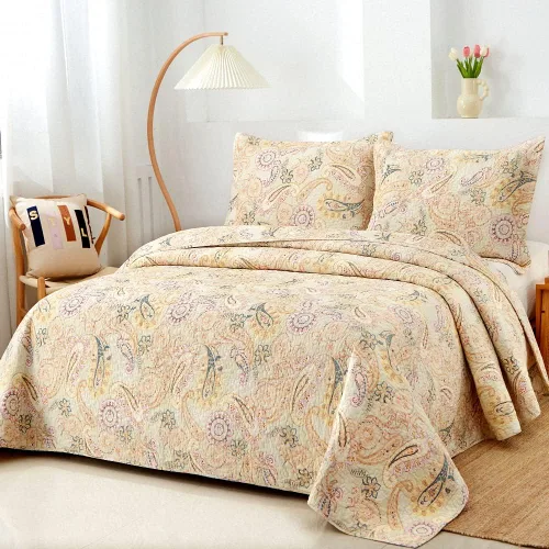 Miniatura 2 de ENASAL - Juego de colcha de algodón, juego de cubrecama reversible Comforter, colcha con estampado floral de cachemira (Amarillo, tamaño King)