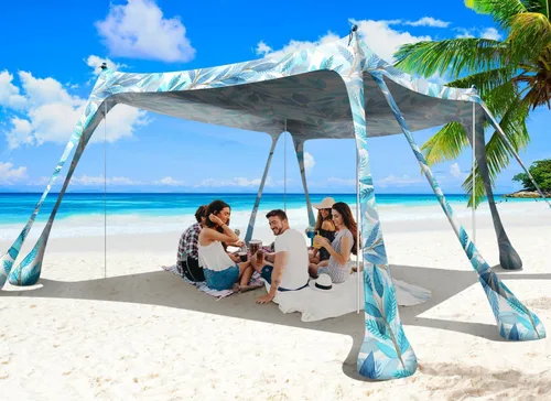Miniatura 11 de Tienda de campaña de playa, toldo de playa de 10 x 10 pies, toldo de playa fácil de desplegar portátil UPF50+ con 8 sacos de arena, 2 palas