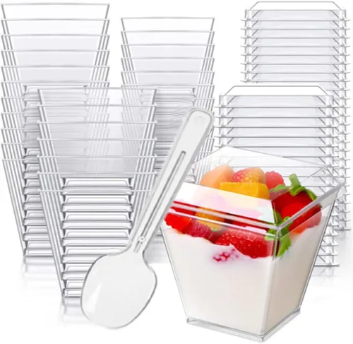 Mistari Paquete de 50 vasos de postre de plástico transparente con tapas y cucharas, mini tazas de parfait y tazas de pudín para tarta de queso,