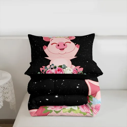 Miniatura 7 de Erosebridal Juego de edredón de cerdo rosa para niñas, decoración de habitación Kawaii, tamaño individual, relleno de edredón de hojas florales