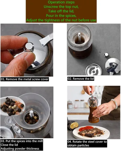 Miniatura 7 de Molinillos de pimienta, juego de molinillo de pimienta manual negro tostado clásico, molino de sal para agitar, madera de estilo retro, acrílico