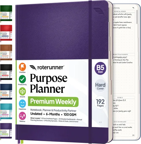 Miniatura 16 de Roterunner Cuaderno Planificador de Propósitos B5 7.5”x9.8” Planificador Sin Fechas 2025 Herramienta de Productividad y Establecimiento