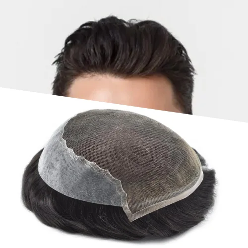 Miniatura 46 de Toupee para hombres pieza de pelo suave suizo encaje real sistema de cabello humano reemplazo blanqueado nudo mens tupé sistema de pelo para hombres