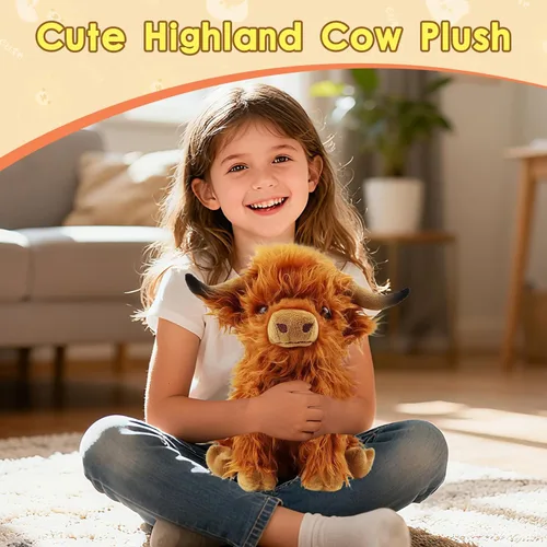 Miniatura 2 de OROZCOR Animal de Peluche de Vaca Highland, Lindos Juguetes de Figuras de Peluche de Vaca Esponjosa, Decoración de Peluche de Ganado Highland