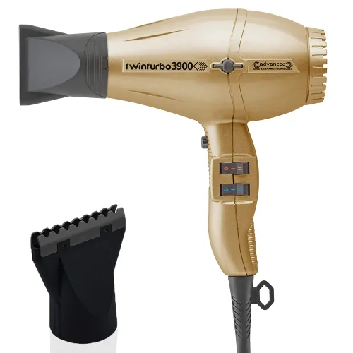 Turbo Power Twin Turbo 3900 Advanced Ionic & Ceramic Eco Friendly Gold Secador de pelo + accesorio M Hair Designs Hot Blow (paquete) – Secado