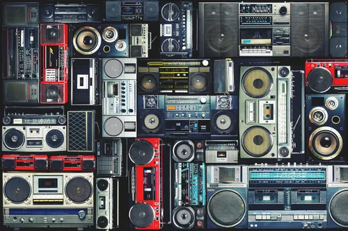 Miniatura 5 de Telón de fondo vintage de los años 80 de 7 x 5 pies, pared retro llena de radio Boombox de los 80 estilo fondo para amplificador antiguo de video