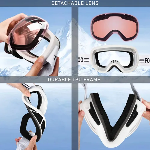 Miniatura 5 de FONHCOO Gafas de esquí para hombres y mujeres, antivaho OTG gafas de snowboard con lente desmontable para esquí, patinaje, protección UV Rosa Vlt