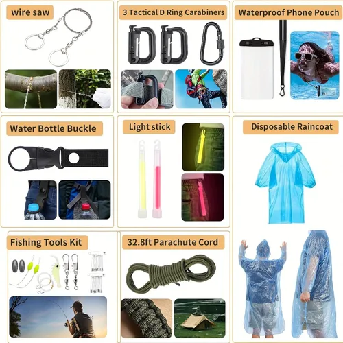 Miniatura 7 de Kit de supervivencia, 252 piezas de equipo de supervivencia con bolsa compatible con sistema Molle y tienda de emergencia, kit de emergencia