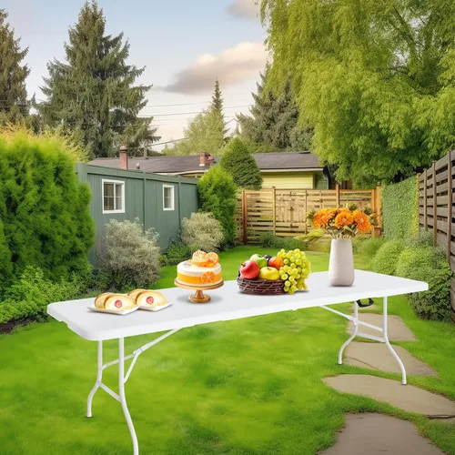 Miniatura 2 de Mesa plegable portátil de plástico de 4 pies/6 pies/8 pies, mesa de picnic y comedor de alta resistencia, color blanco y negro, plegable a la mitad
