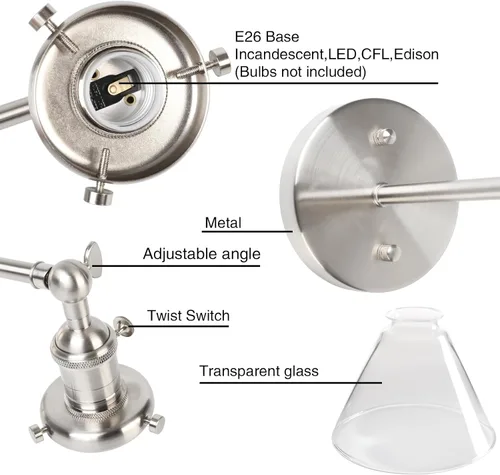 Miniatura 5 de 1 lámpara de pared vintage nostálgica con embudo de vidrio acampanado, pantalla de vidrio transparente, bombilla de filamento Edison incluida