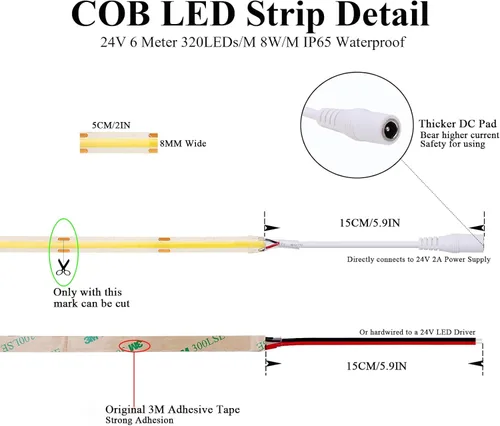 Miniatura 6 de JOYLIT Tira de luces LED COB de 24 V, 5000 K, luz blanca, impermeable, 20 pies/19.7 ft, 320 LEDs/M, uniforme CRI 90+, cinta flexible para armarios