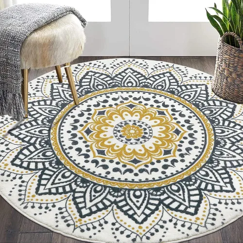 HEBE Alfombra redonda lavable de 5.2 pies antideslizante vintage para dormitorio, suave, no se desprende, alfombra redonda bohemia para sala de