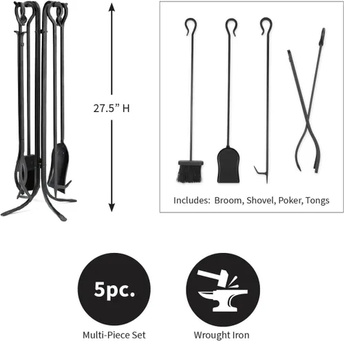 Miniatura 3 de Plow & Hearth Juego de 5 herramientas compactas de hierro forjado a mano para chimenea de 27.5 pulgadas Mango de hierro forjado negro
