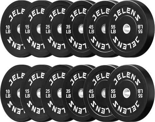 Miniatura 14 de Juego de Placas de Peso para Barra Olímpica JELENS, Juego de Pesos de Goma de 2 Pulgadas Negro/Colorido para Entrenamiento de Fuerza y Levantamiento