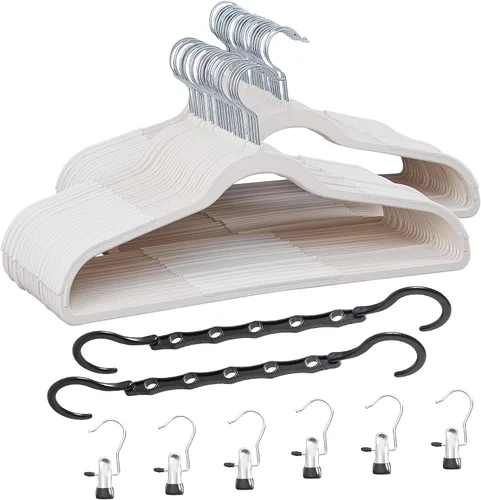 VECELO Paquete de 50 perchas para ropa, colgador de plástico antideslizante, gancho giratorio de 360° y ahorro de espacio para armario de Blanco y